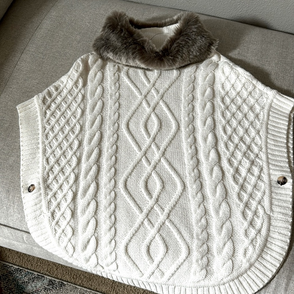 Talbots fur lined cotton shawl or poncho nwt